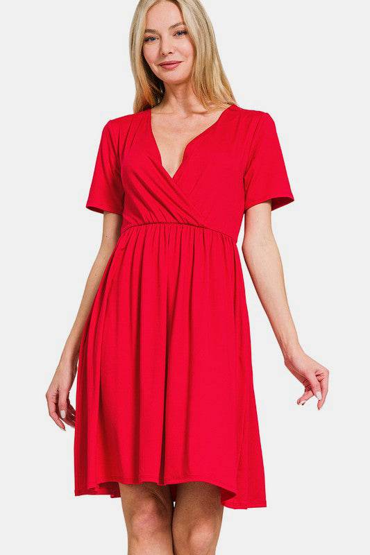 Zenana Surplice Short Sleeve Brushed DTY Dress - Rosa Apparel