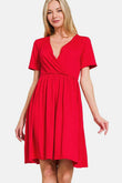 Zenana Surplice Short Sleeve Brushed DTY Dress - Rosa Apparel