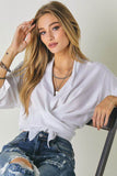 J.NNA Chic Solid V-Neck Long 3/4 Sleeve Tie Front Cropped Top - Rosa Apparel
