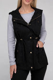 Zenana Drawstring Waist Sleeveless Military Hoodie Vest - Rosa Apparel