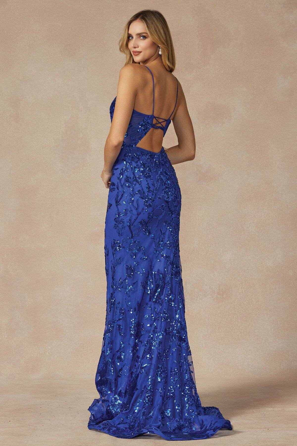 Juliet Fitted Sequin Print Deep V-Neck Gown 2411 - Rosa Apparel