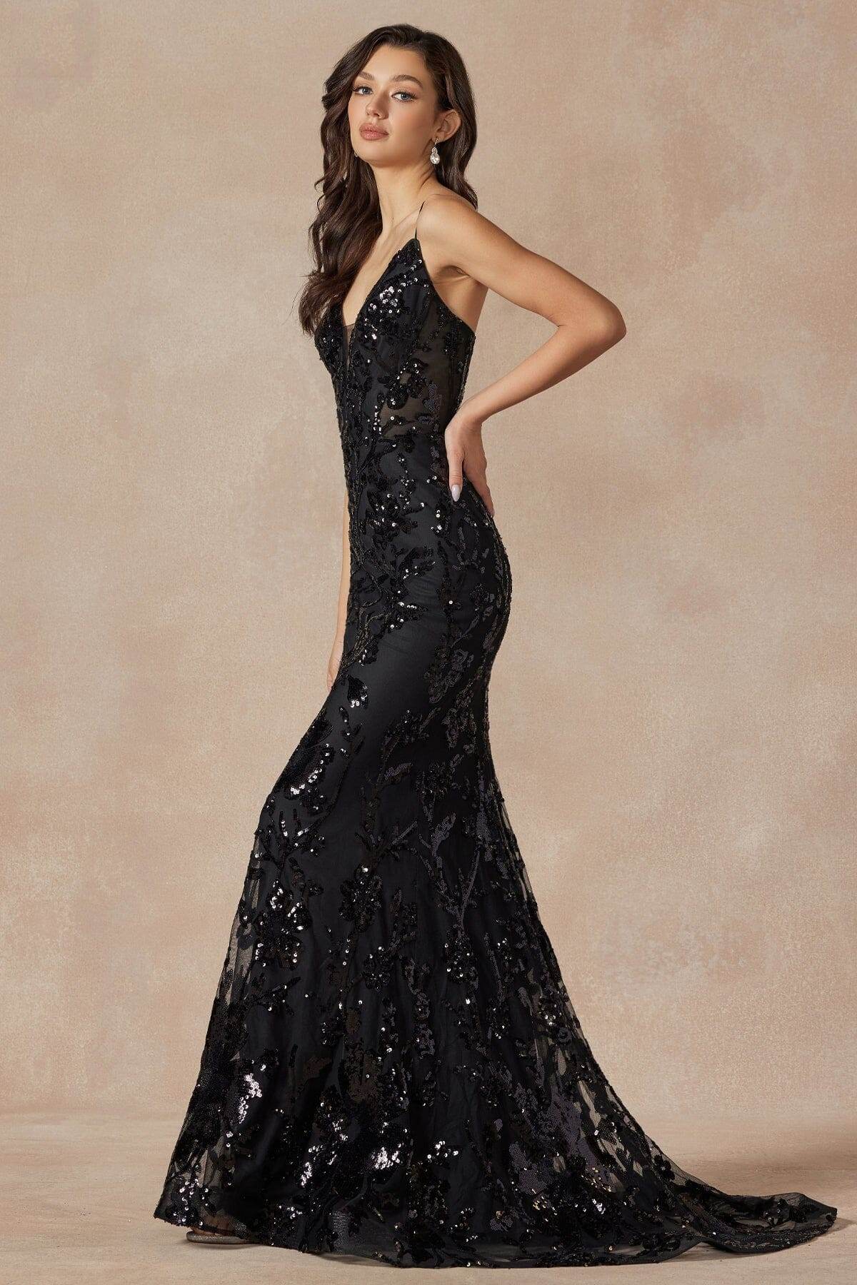 Juliet Fitted Sequin Print Deep V-Neck Gown 2411 - Rosa Apparel
