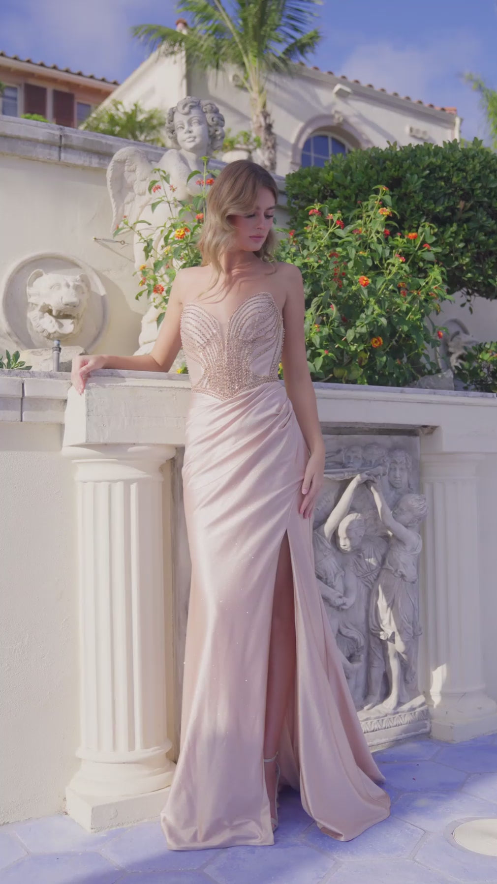 Juliet Sweetheart Neck Draped Satin Gown with Beaded Bodice and High Slit JT2627U