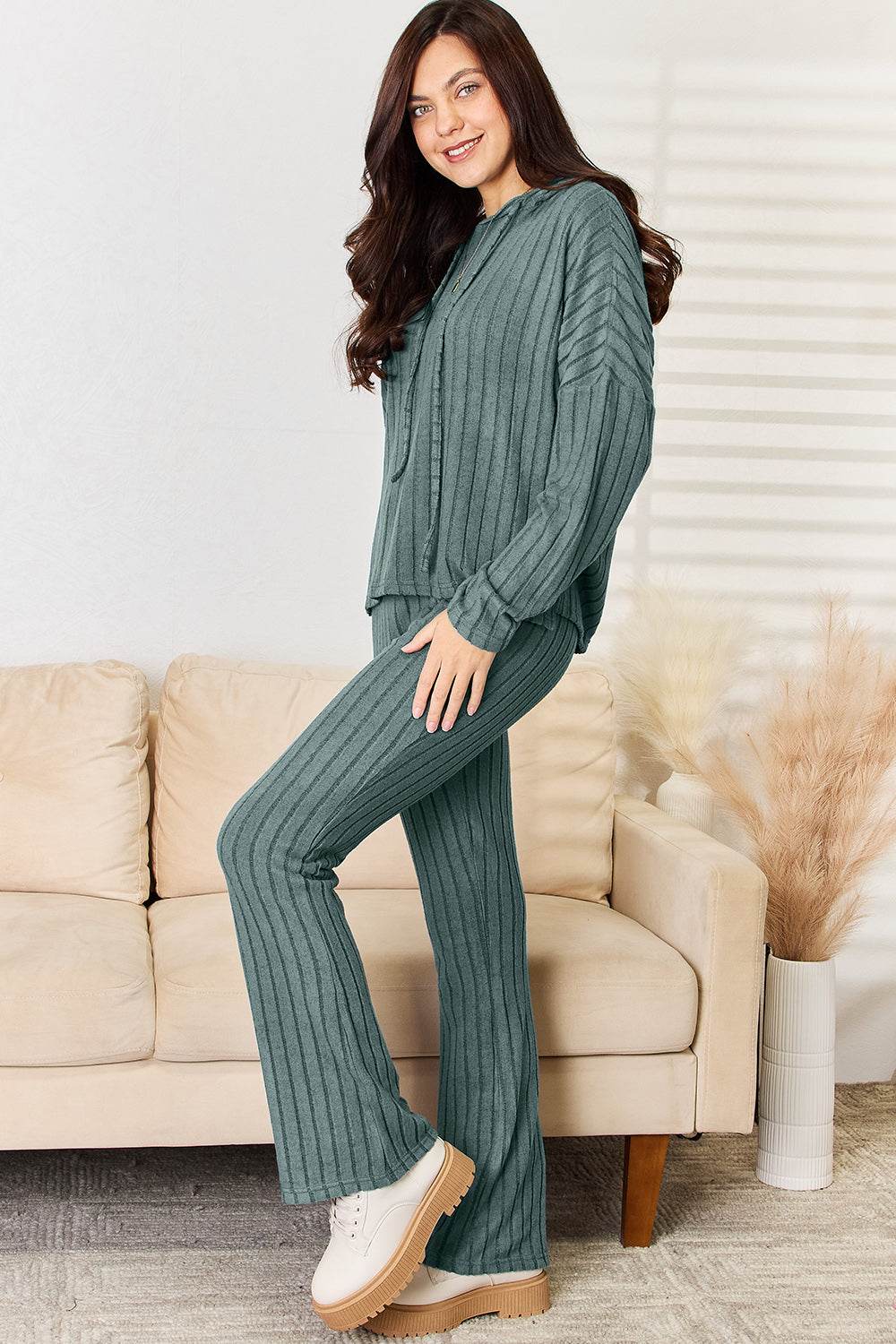 Basic Bae Full Size Ribbed Drawstring Hood Top and Straight Pants Set - Rosa Apparel